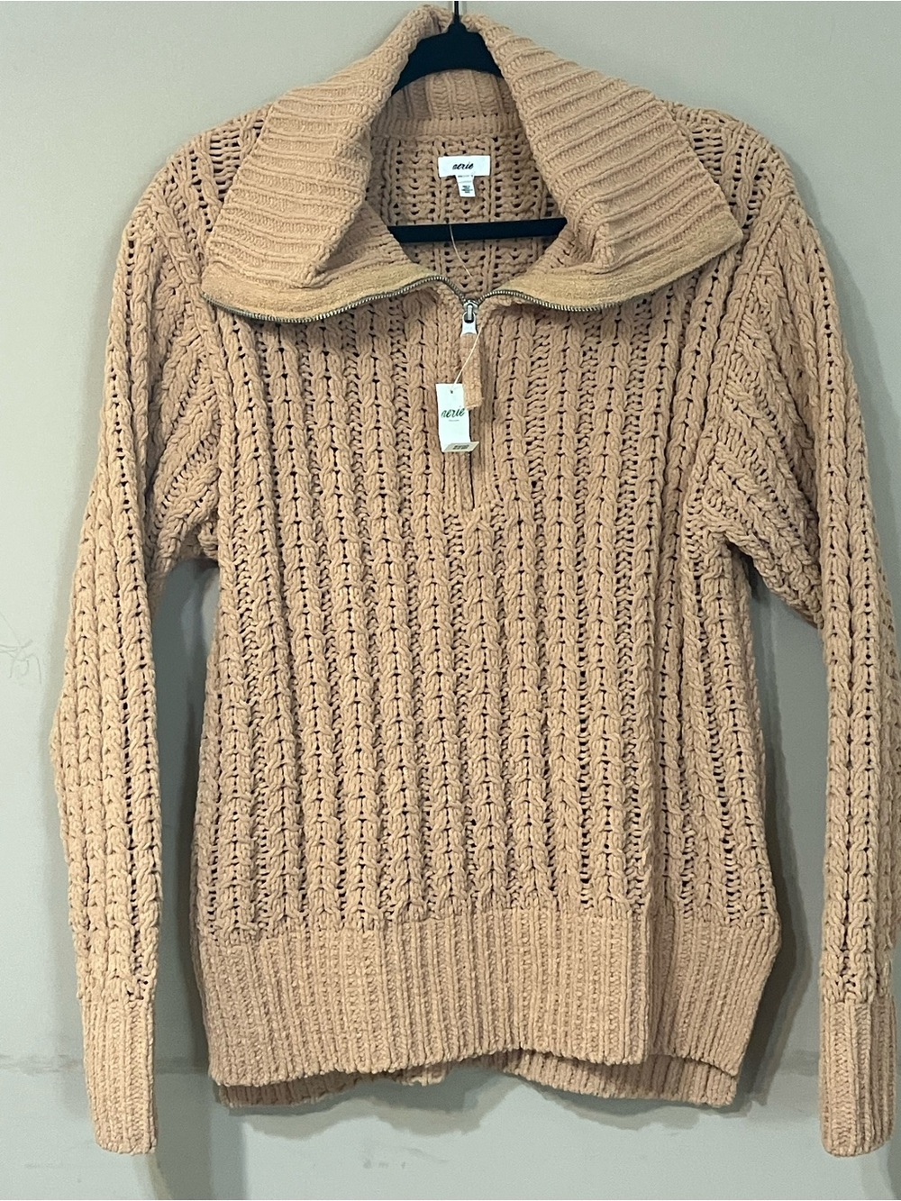 aerie Chunky Cable-Knit Half-Zip Turtleneck Sweater in Tan